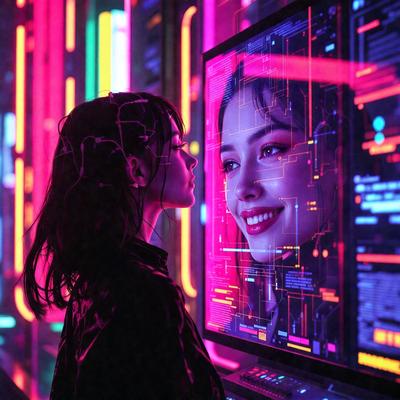 The primary subject of the image is a woman wearing a black shirt and looking at a large screen. The setting is a room with a TV screen, and the visual style appears to be a digital art or illustration. The colors and mood of the image are predominantly pink, creating a warm and vibrant atmosphere.
